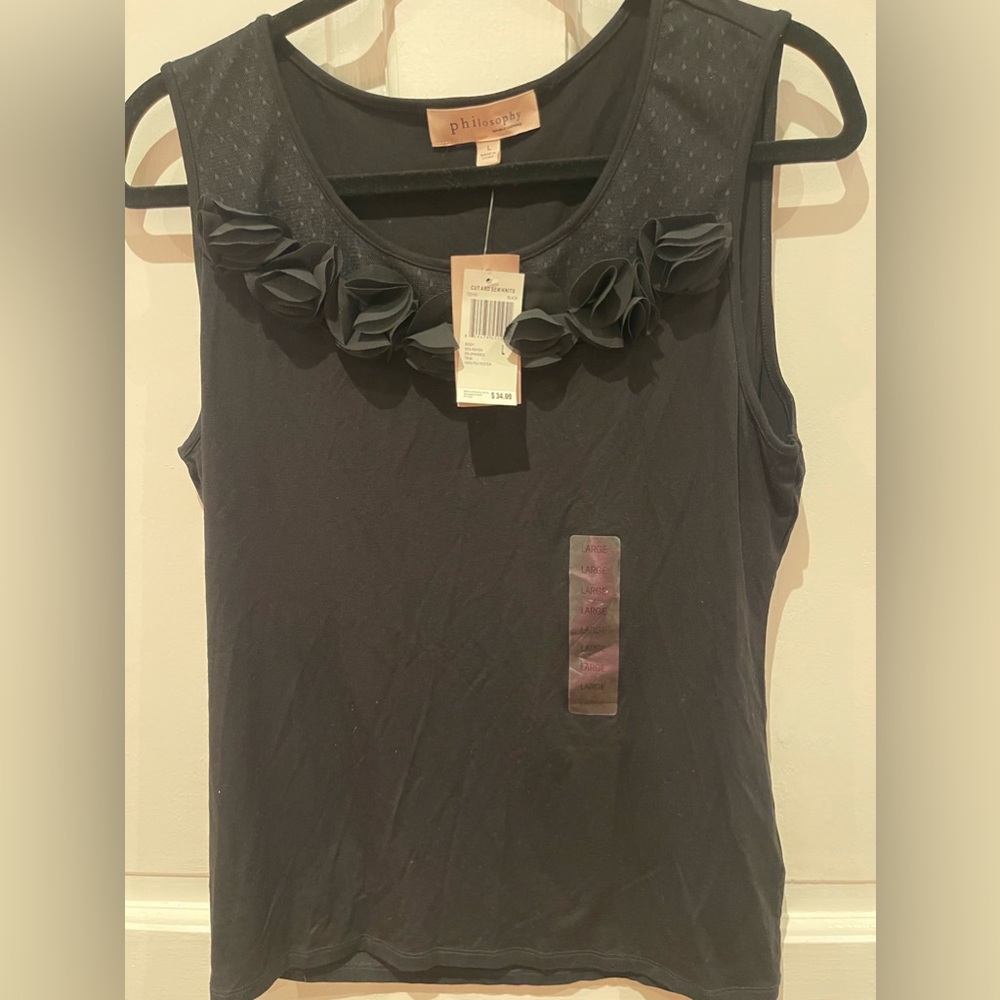 NWT Woman Philosophy SZ L Black pullover top, ruffle neck, machine wash, spandex